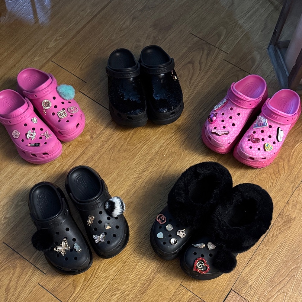 CROCS Pink and Black Slippers with Fun Charms